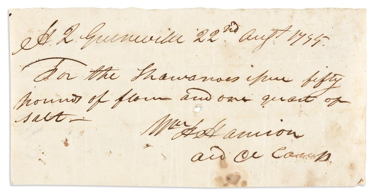HARRISON, WILLIAM HENRY. Autograph Document Signed, WmHHarrison / aid[e] de camp, ordering food for the Shawnee:
